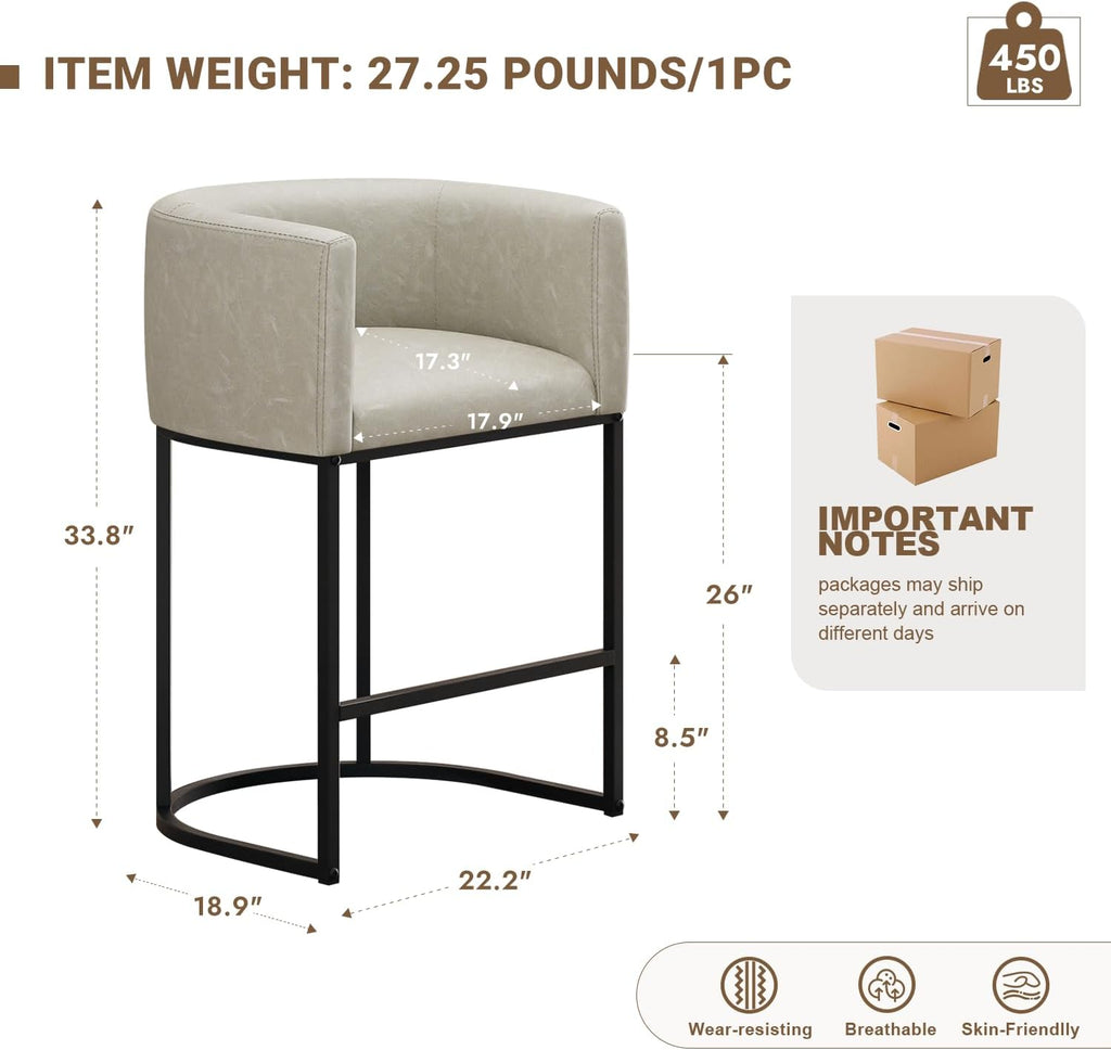 26" H Counter Height Bar Stools Set of 4, Modern Barrel Counter Stools with Backrest and Arms, Faux Leather