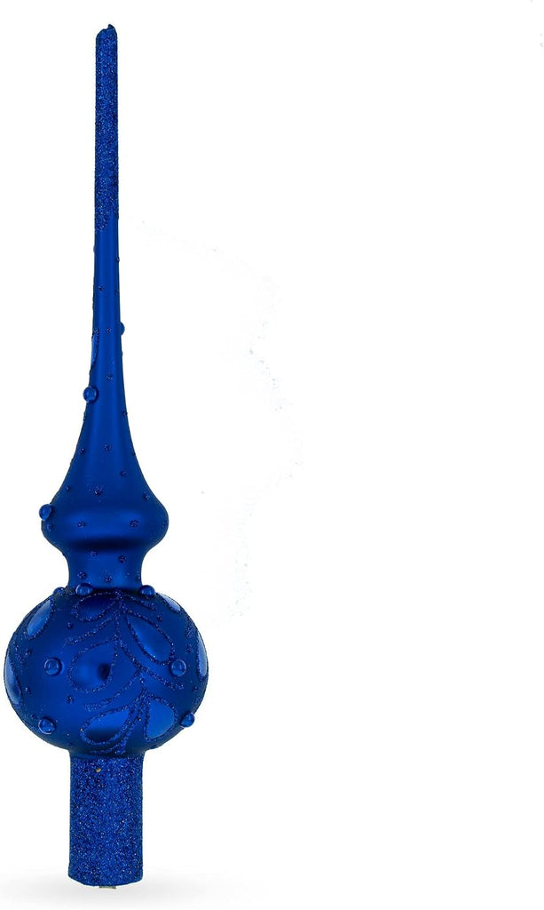 Blue Jewels Scroll on Blue Glass Christmas Tree Topper 11 Inches