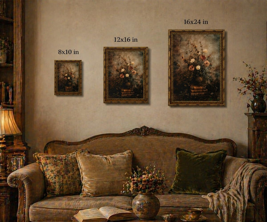 Framed Vintage Floral Wall Art Poster Print, Dark Academia Botanical Flower Painting Picture, Antique Still Life Wall