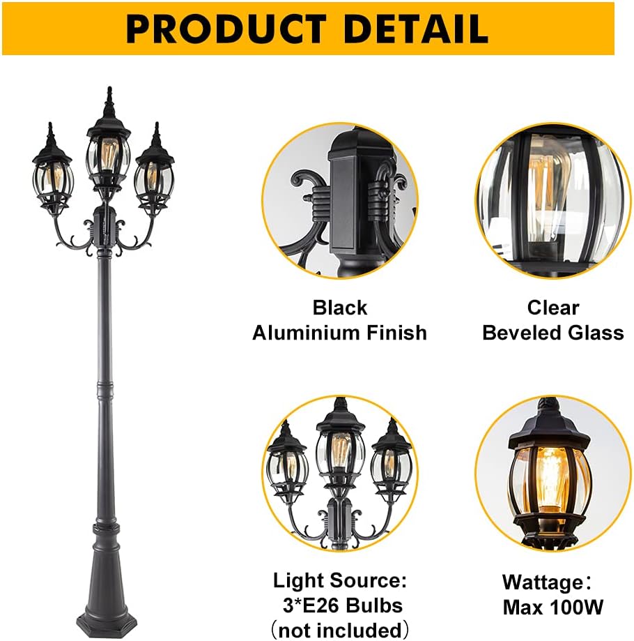 LED Outdoor Post Light with Triple-Head, Hardwired Vintage Street Lights for Lawn Patio Yard Pathway Garden Black