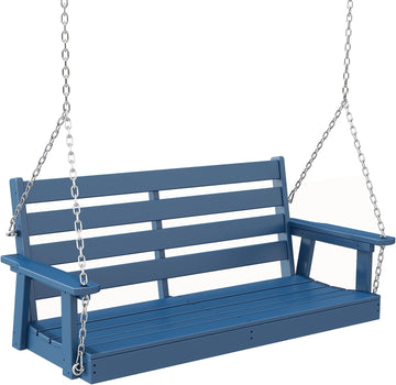 Outdoor Porch Swing | HDPE Plastic | 2-Person | Hanging Bench Swings | Weatherproof | 4 Stainless Steel Chains | Blue