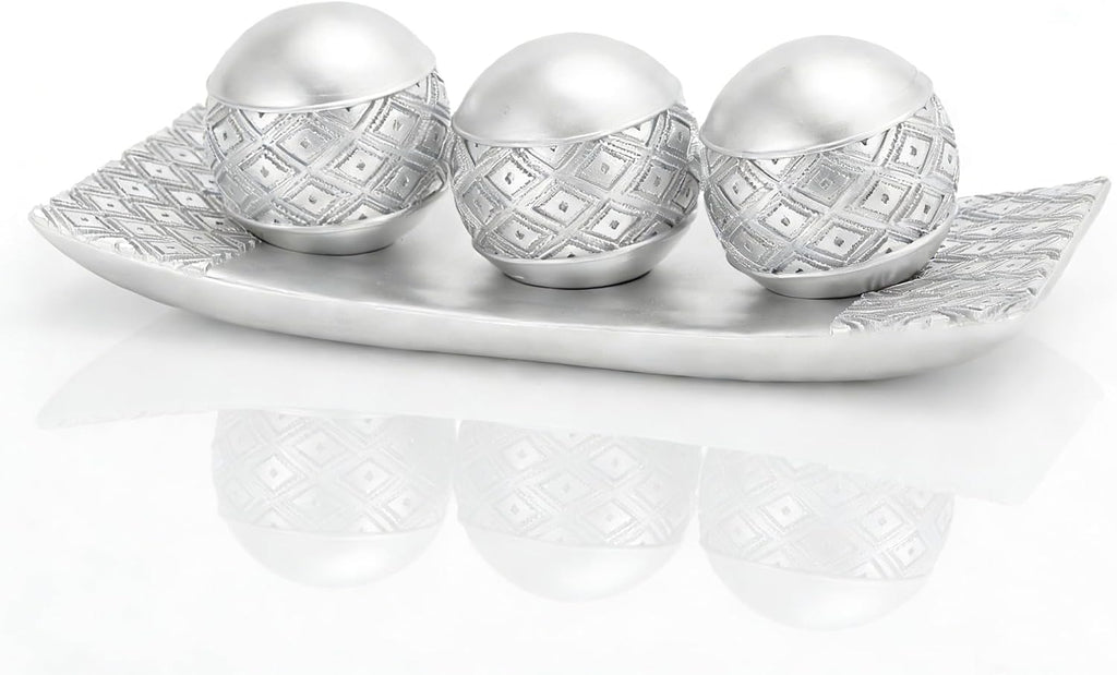 Silver Decorative Orbs with Tray Set, 3Pcs Resin Decorative Balls with Tray, Modern Accent Sphere for Coffee Table