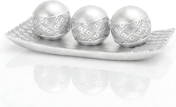 Silver Decorative Orbs with Tray Set, 3Pcs Resin Decorative Balls with Tray, Modern Accent Sphere for Coffee Table
