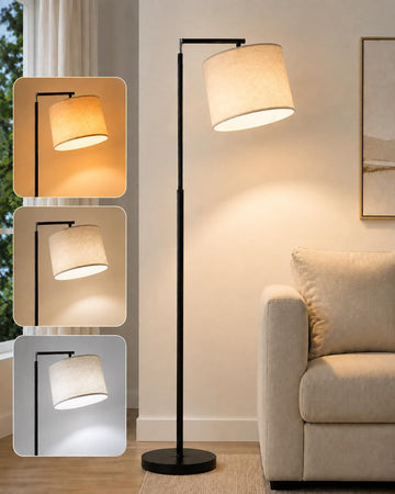 Modern Arc Floor Lamp, Adjustable Linen Shade, Black