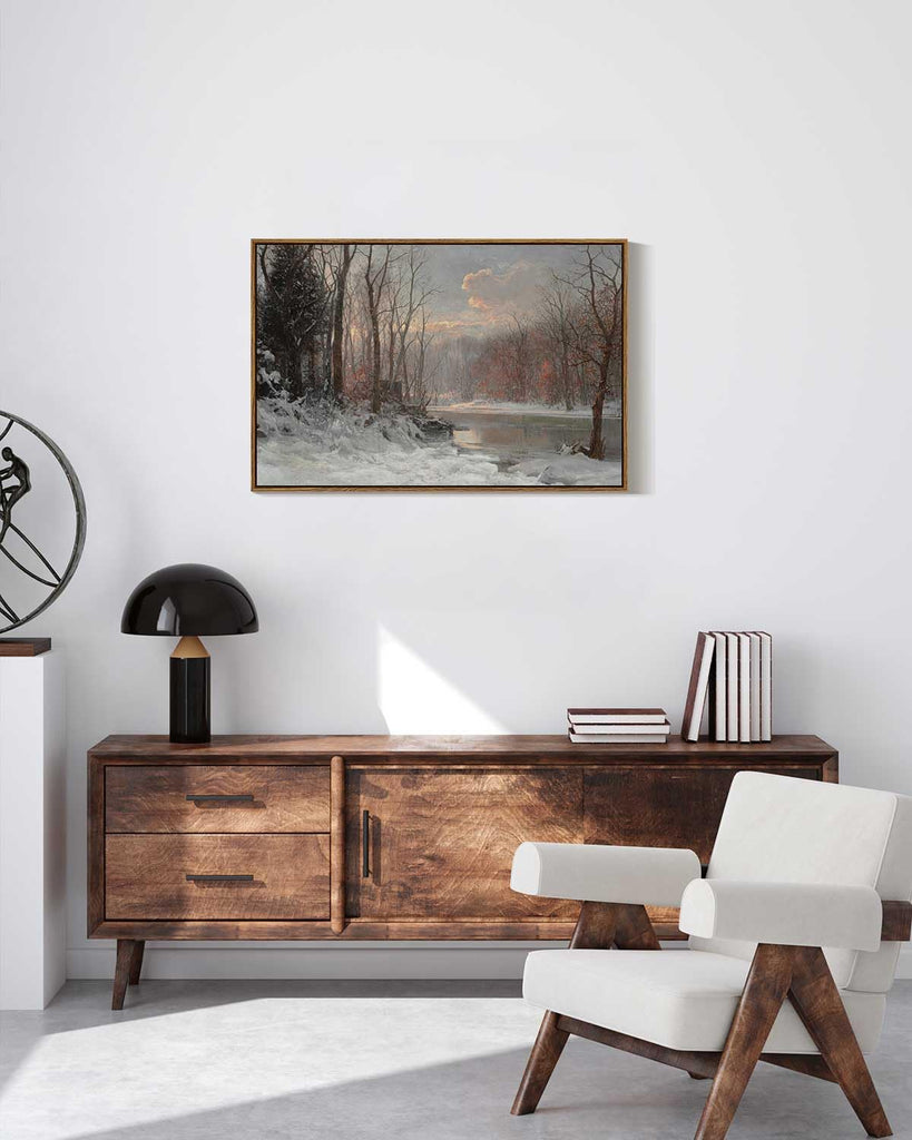 Vintage Framed Canvas Wall Art, Christmas Wall Art, Snow Straem River Tree Cloud Farmhouse Landscape Art Hanging