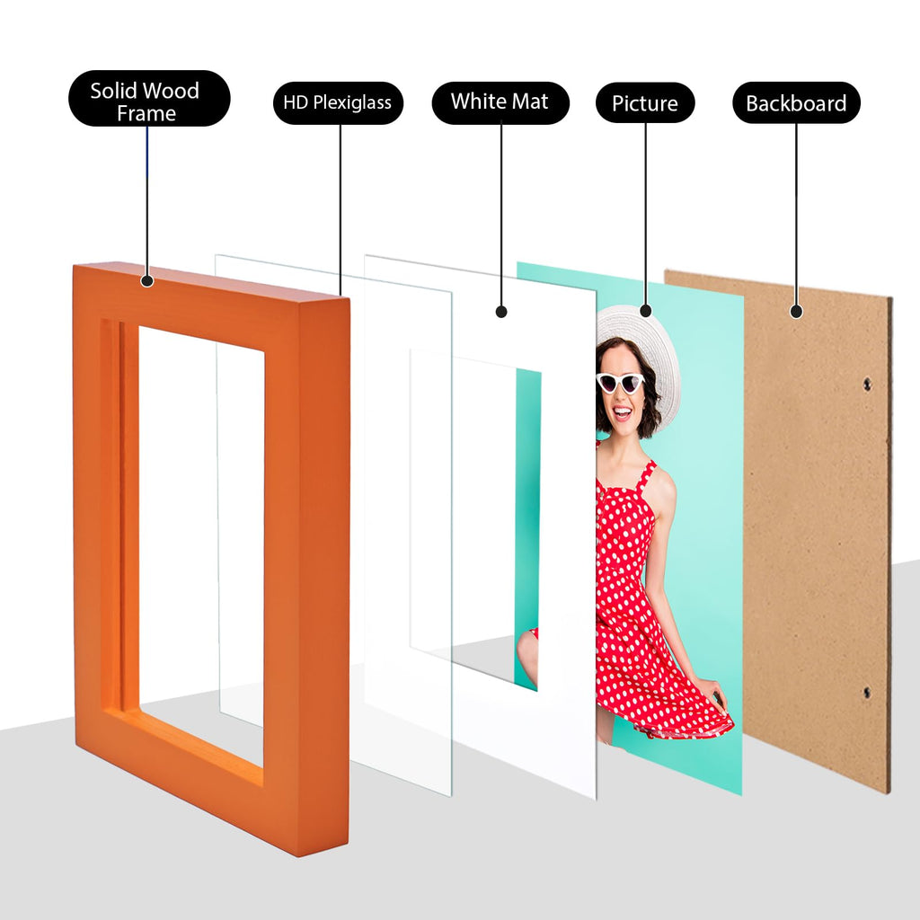 4x6 Frame Orange, Solid Wood 4 x 6 Picture Frame with Acrylic Plexiglass for 3.5x5 with Mat, Tabletop and Wall