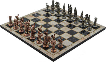 Metal Chess Set for Adults Medium Roman Antique Copper Figures,Handmade Pieces and Different Design Wooden Chess