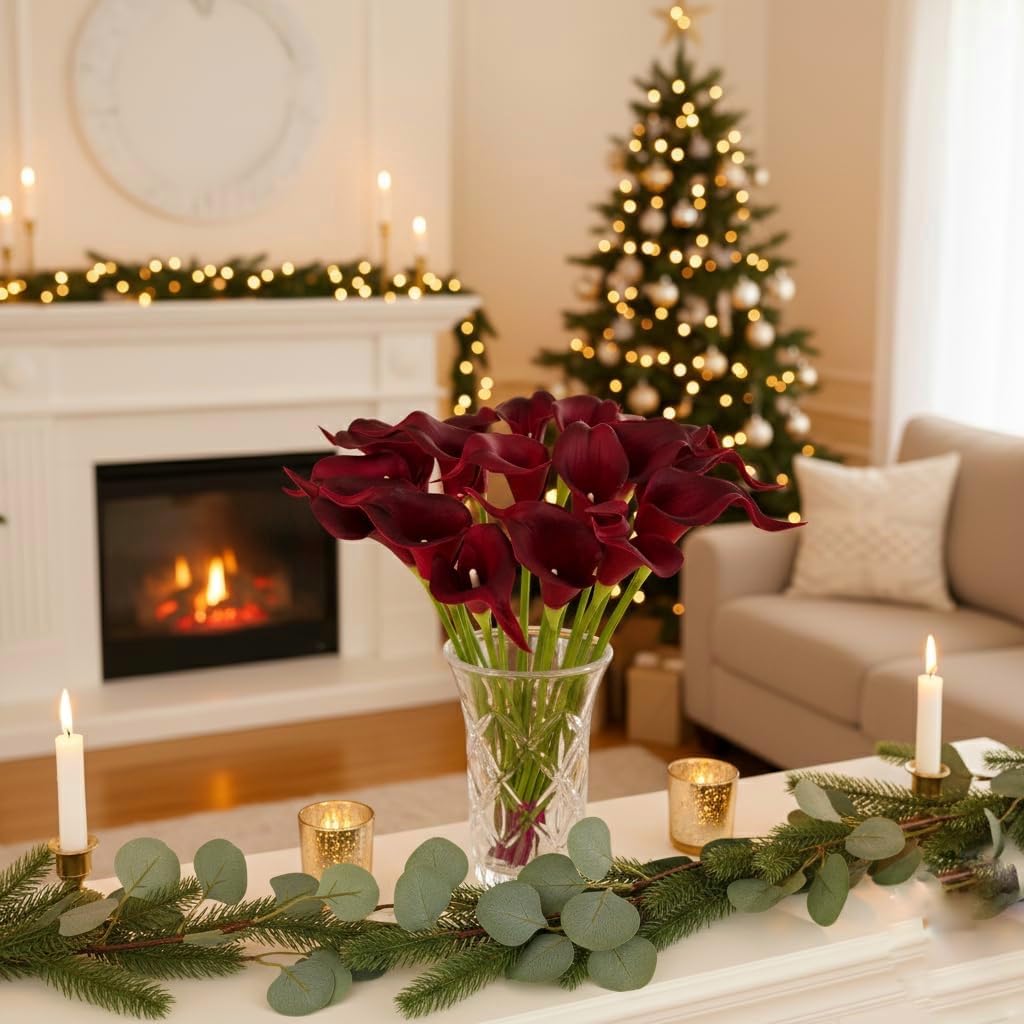 20 Pack 14" Calla Lily Artificial Flowers - Real Touch Burgundy Latex Flowers Decor Tabletop Centerpieces Living Room
