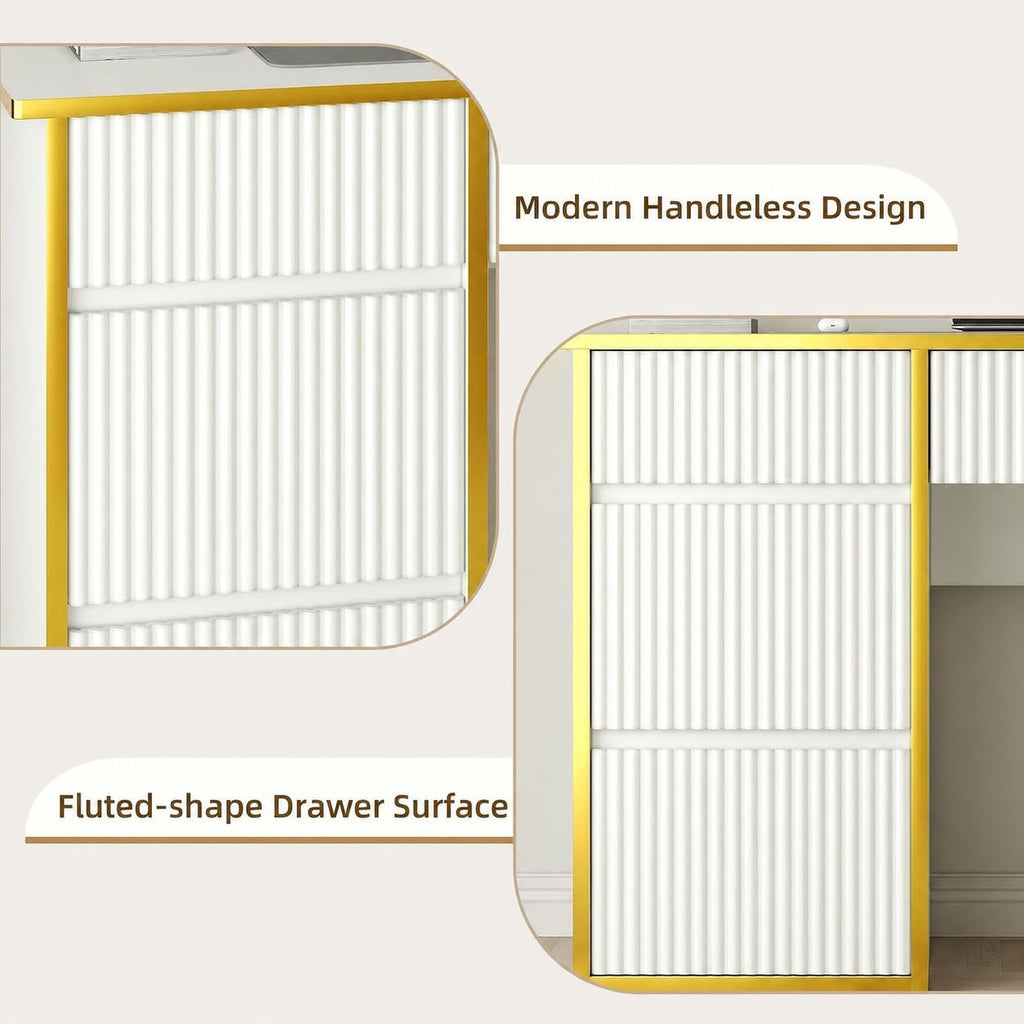 47-Inch Fluted Computer Desk with 4 Drawers, White and Gold