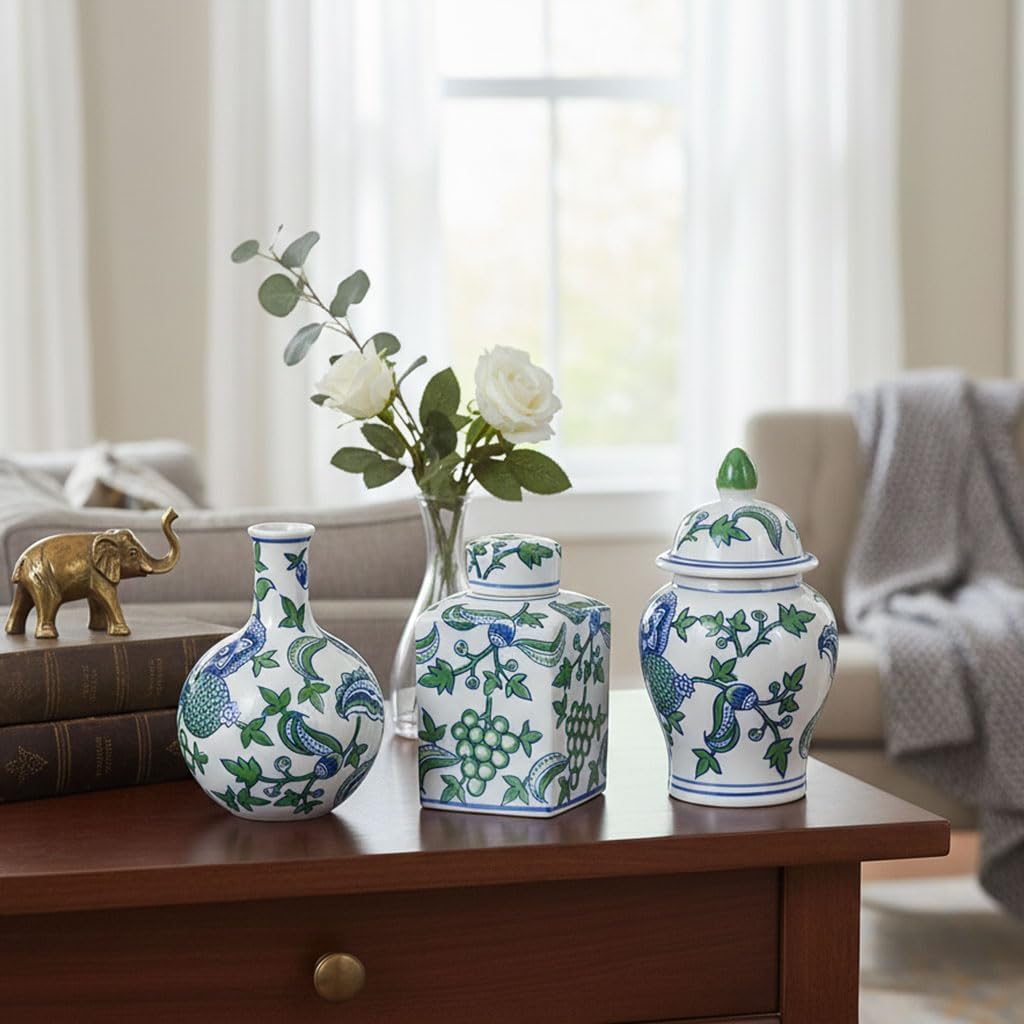 Decorative Porcelain Home Accents with Blue and Green Cherry Blossom Motif, Includes Traditional Ginger Jar - Set of 3