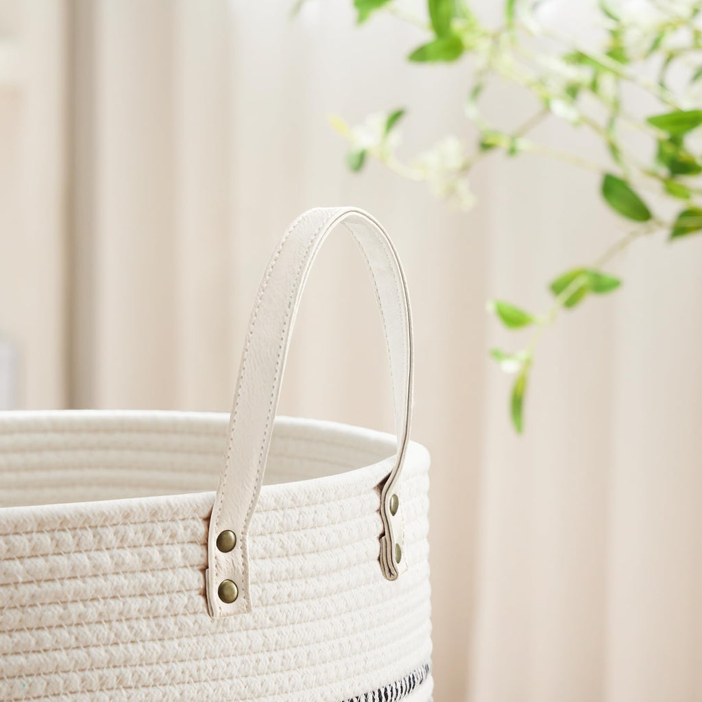 72L Tall Woven Rope Laundry Hamper, Leather Handles, Stripe White