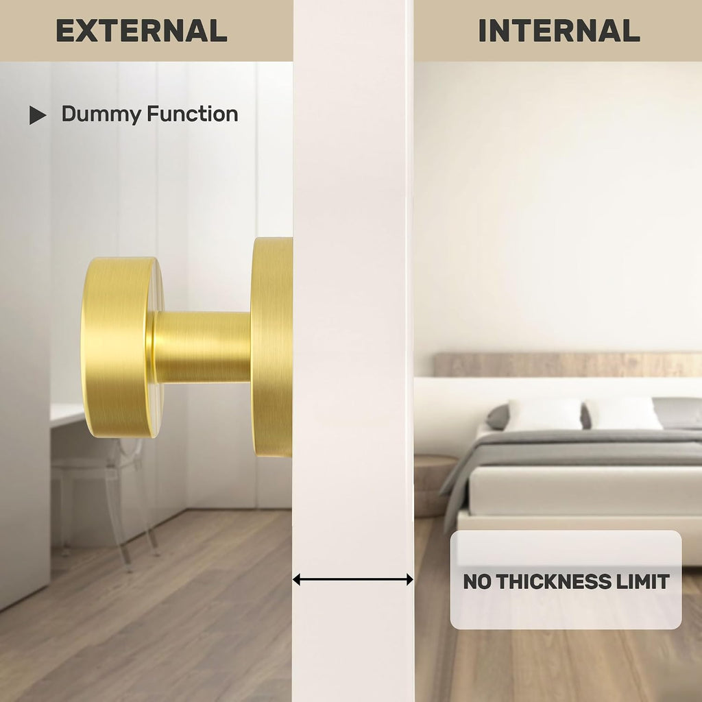 2 Pack Gold Dummy Door Knob Satin Brass Dummy Door Knobs Interior, Round Modern Door Knob Brushed Gold Dummy Door