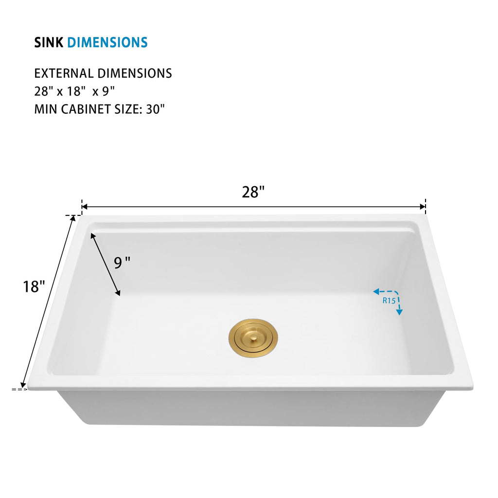 White Undermount Kitchen Sink 28 Inch, Workstation Granite Sink