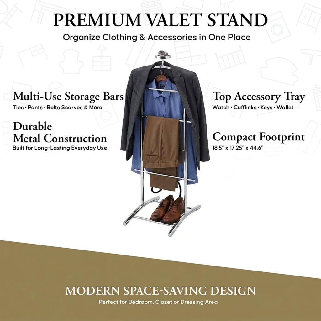 Freestanding Metal Suit Valet Stand with Tie Bar, Chrome