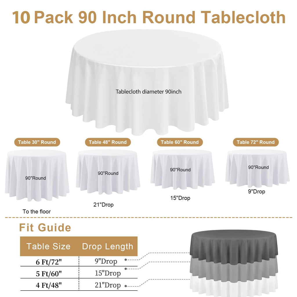 10Pack White Round Tablecloth 90 Inch, Polyester Fabric Round Table Cover, Stain & Wrinkle Resistant Washable Table