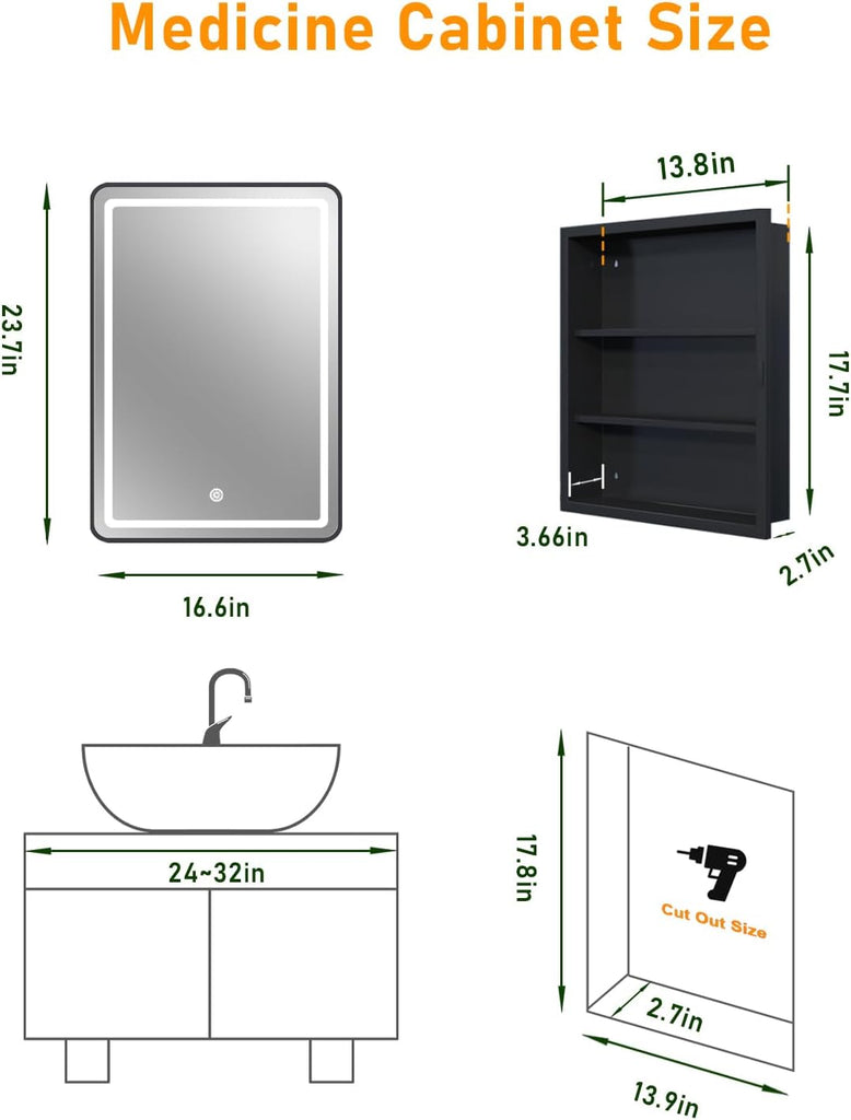 LED Medicine Cabinet Mirror with Lights 16x24 Inch | Wall Mounted or Recessed, Black Metal & Shatterproof Tempered