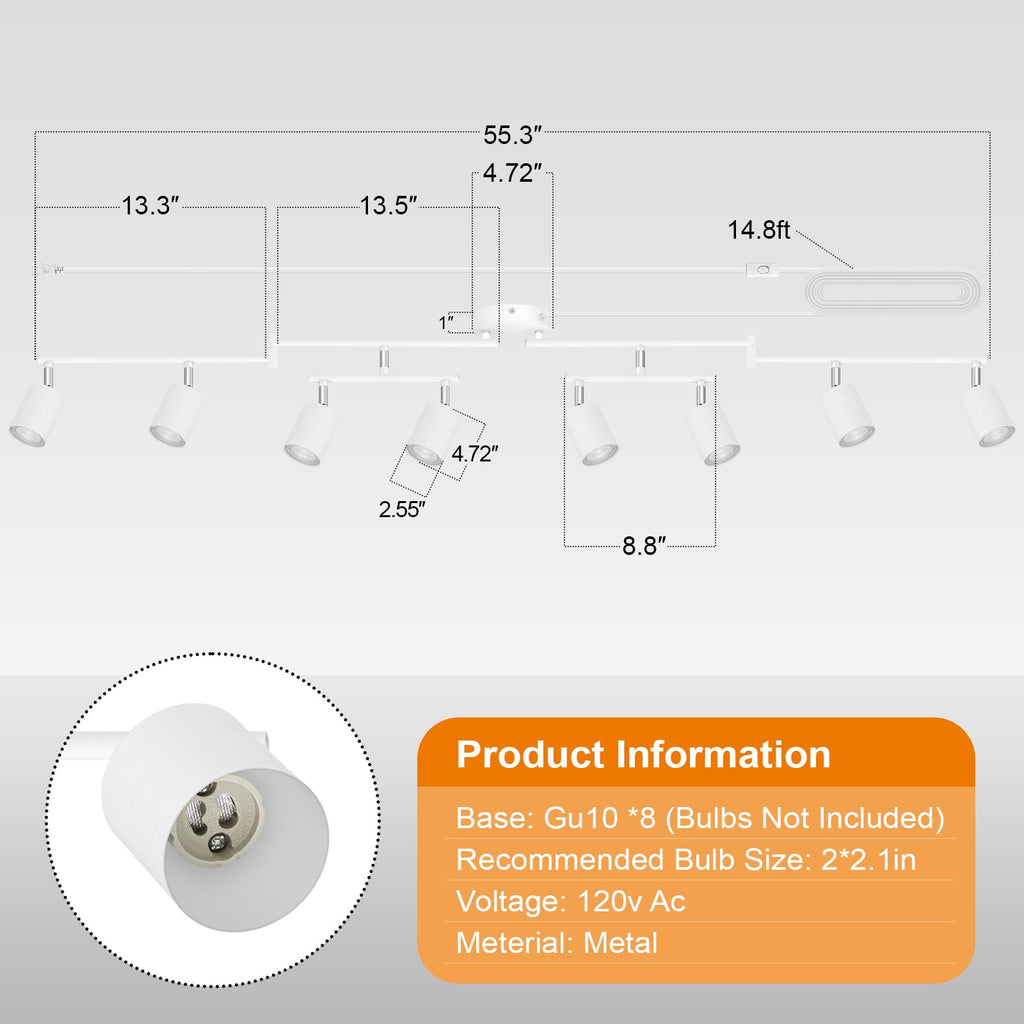 Plug in Track Lighting LED, Track Lighting Fixtures Ceiling, White 8-Light Kitchen Light Kit, Plug in Wall Light