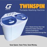 Garatic Portable Compact Mini Twin Tub Washing Machine w/Wash and Spin Cycle, Built-in Gravity Drain, 13lbs Capacity