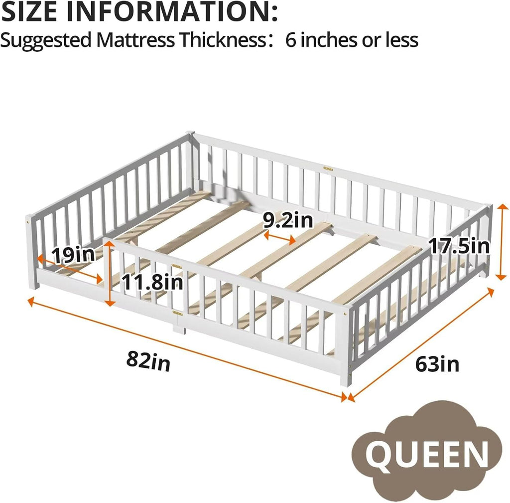 Floor Bed for Teenager, Solid Wood Multifunctional Bed Frame with Safety Guardrails, Without Door, Easy