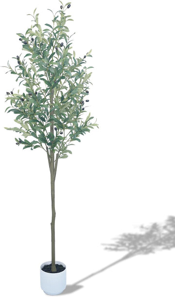6FT Olive Trees Artificial Indoor, Faux Olive Tree with White Planter, Tall Fake Olive Silk Tree with Lifelike Wood