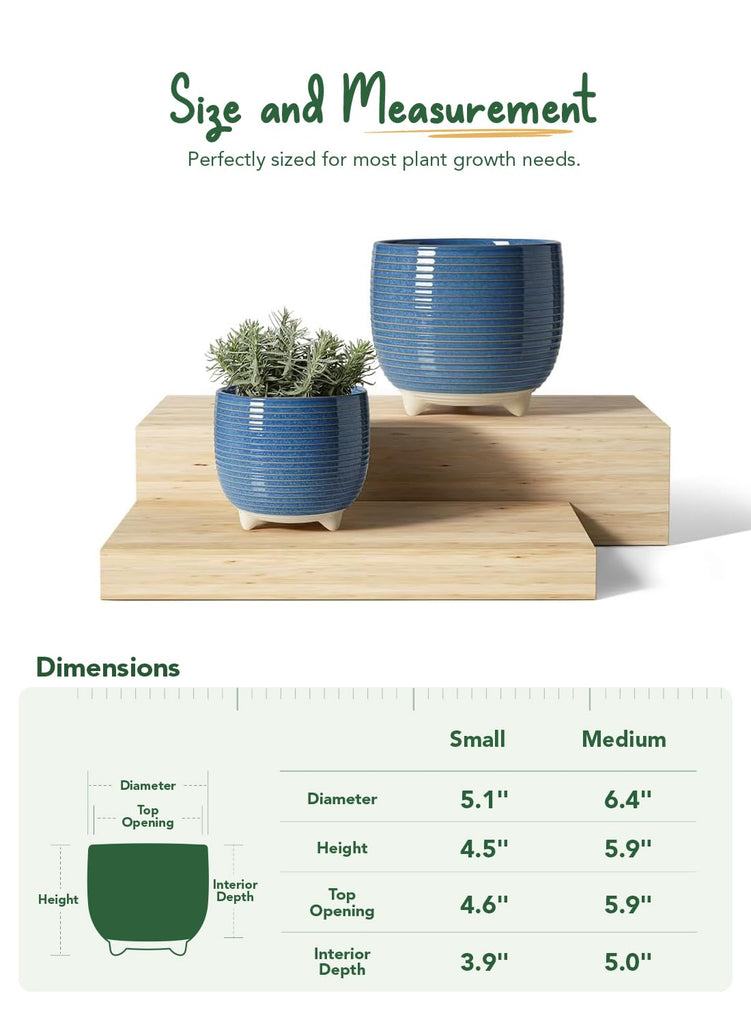 Ceramic Plant Pots, 5.1 + 6.4 Inch, Set of 2, Harbor Blue