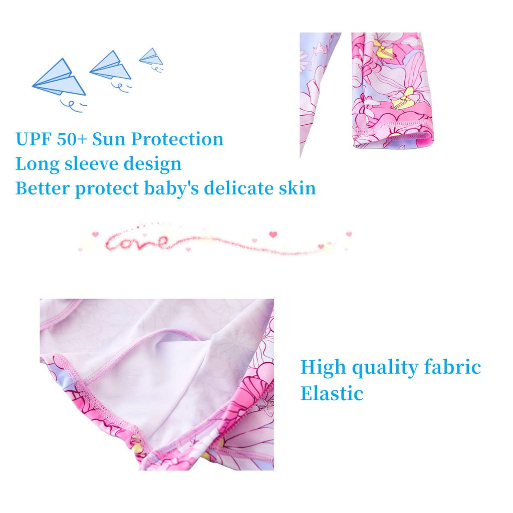 Toddler Girls Swimsuit One Piece Full Zip with Long Sleeve UPF 50+ Sun Protection Swimwear Rash Guard Shirts Pink