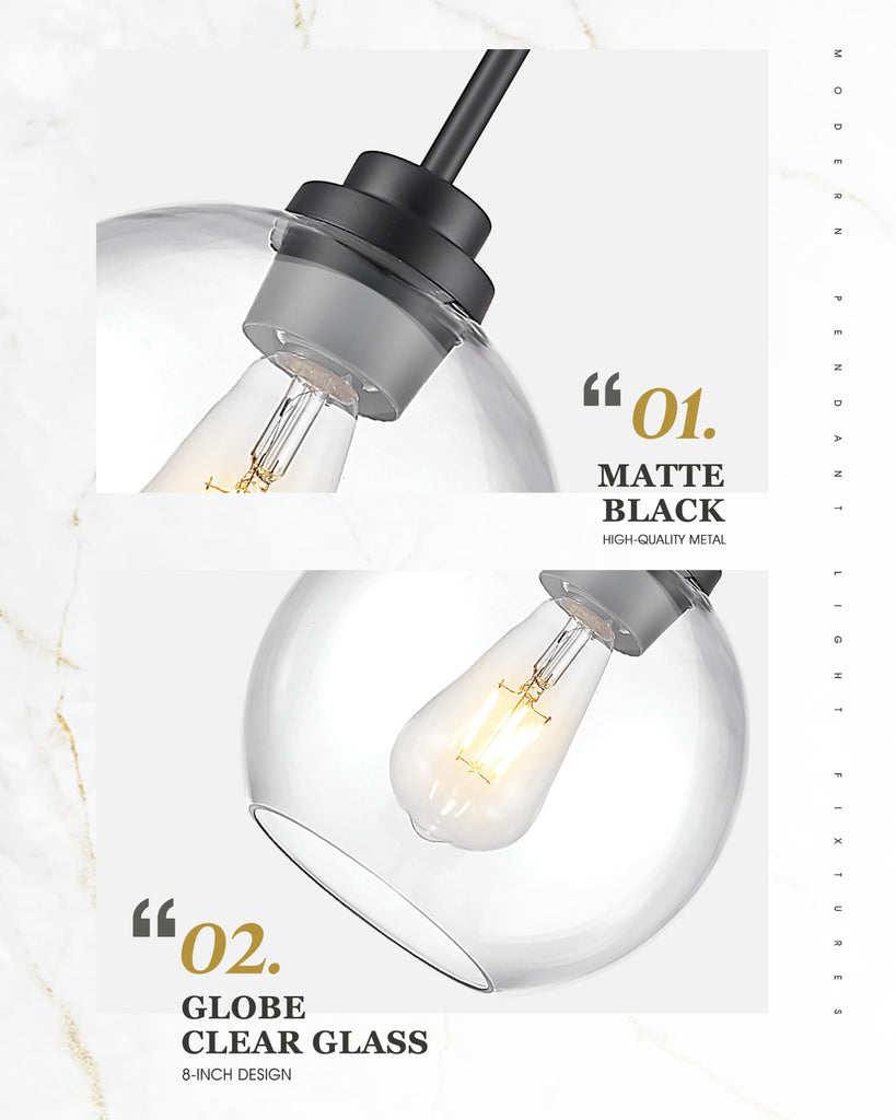 Black Pendant Lights Kitchen Island, 8" Pendant Light Fixtures with Globe Clear Glass Shade, Modern Kitchen Island