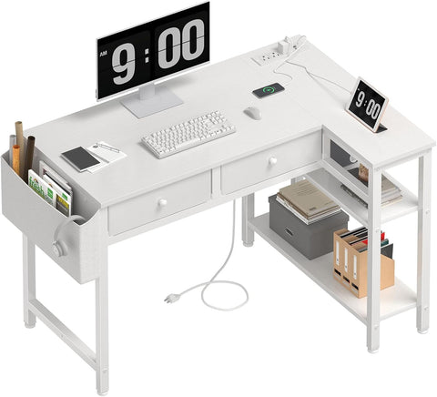 Small White L Shaped Desk with Drawers & Storage Shelves