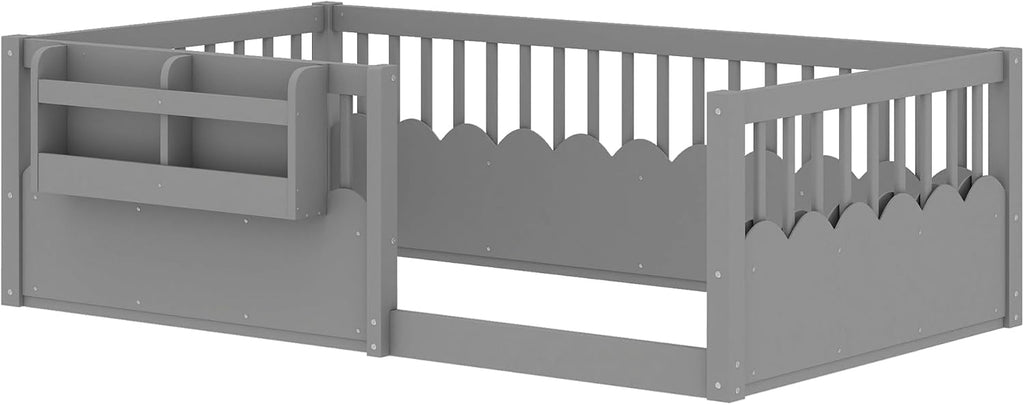 Floor Bed with Bookshelf and Safety Guardrail, Montessori Floor Bed with Fence, Easy Assemble