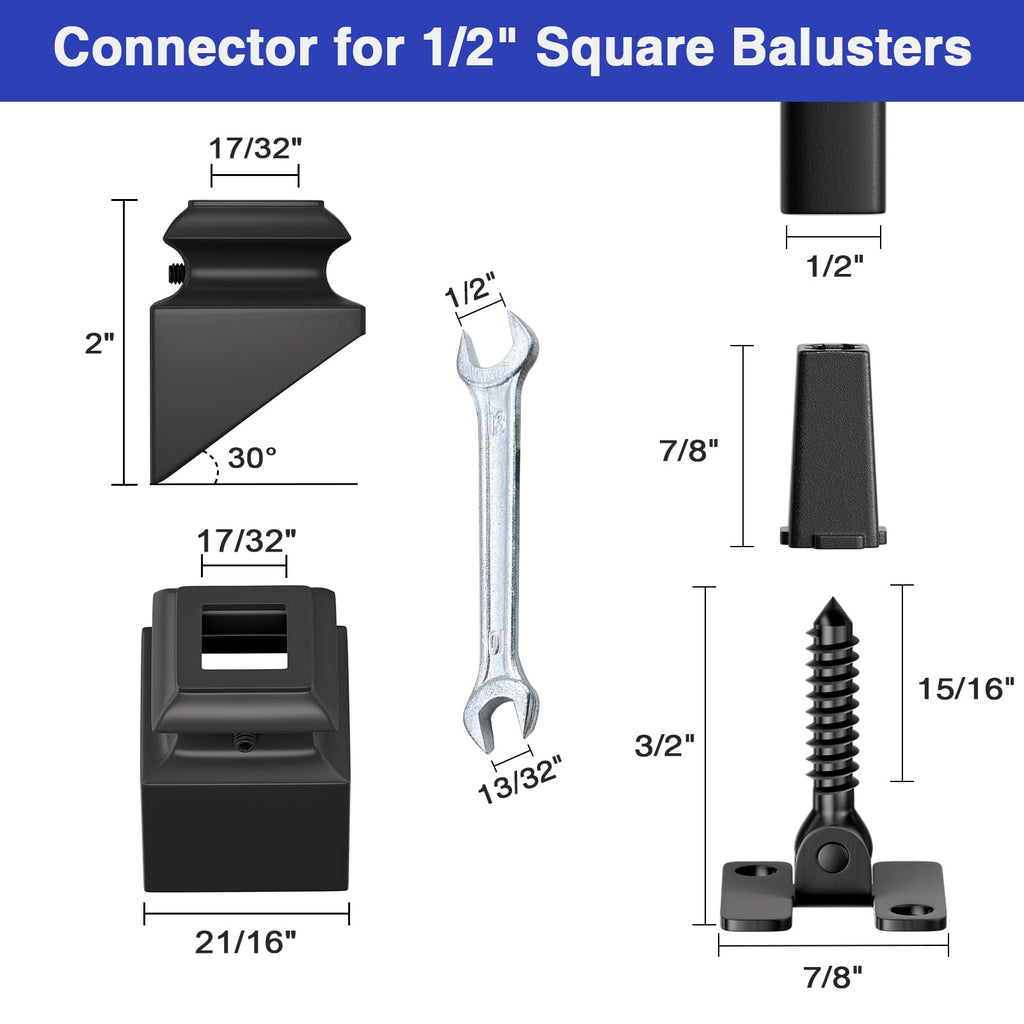 10-Pack Baluster Connectors with Angled Shoes Adjustable Height and Angle Connectors for 1/2'' Square Balusters for