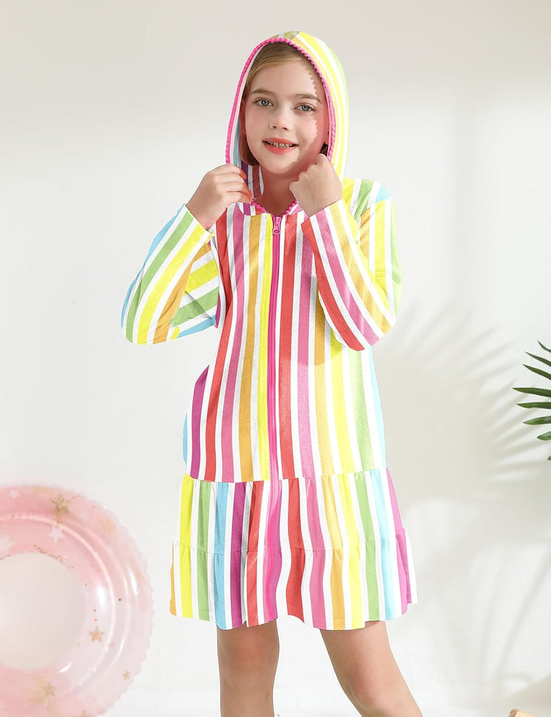 Girls Swim Cover Up Kids Long Sleeve Swimsuit Coverup Terry Beach Pool Clothes with Sunglasses