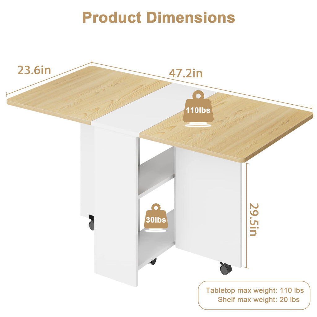 FoldingTable, Drop Leaf Dining Table with 6 Wheels and 2-Layer Storage Shelf, Space Saving Table for Small Spaces