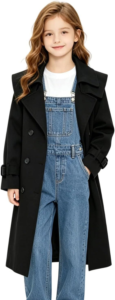 Girls Long Trench Coat Double Breasted Lapel Windproof Overcoat Lightweight Jacket Casual Outerwear Teen Cute Trendy