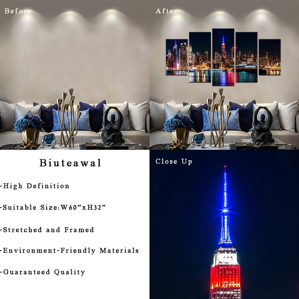Large 5 Piece New York City Canvas Wall Art Manhattan Skyline at Night Picture Prints Modern Home Office Wall
