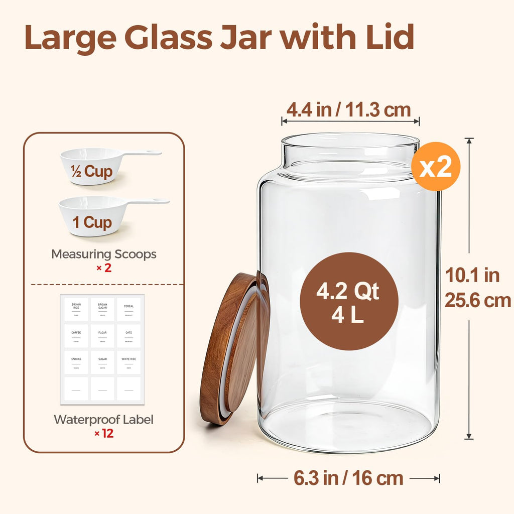 Flour Storage Containers with Acacia Wood Lids 1Gallon 2Pack