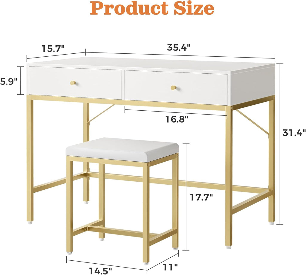 35.4" White and Gold Desk with 2 Drawers, Modern Makeup Vanity with Padded Stool