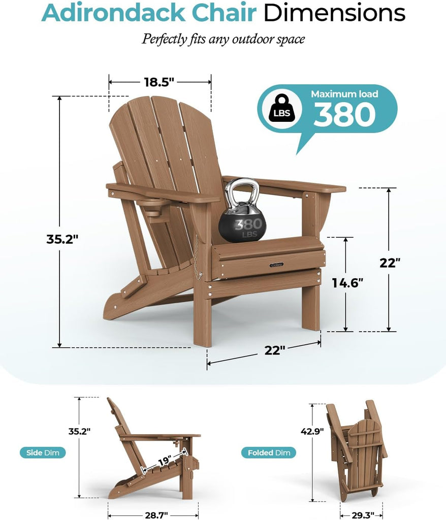 Folding Adirondack Chair 2 Pack, Patio Adirondack Chair Weather Resistant, Plastic Fire Pit Chair with Cup Holder