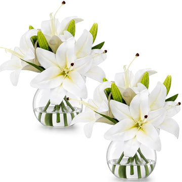 2 Pack White Lily Faux Flowers with Vase Silk Flowers in Vase