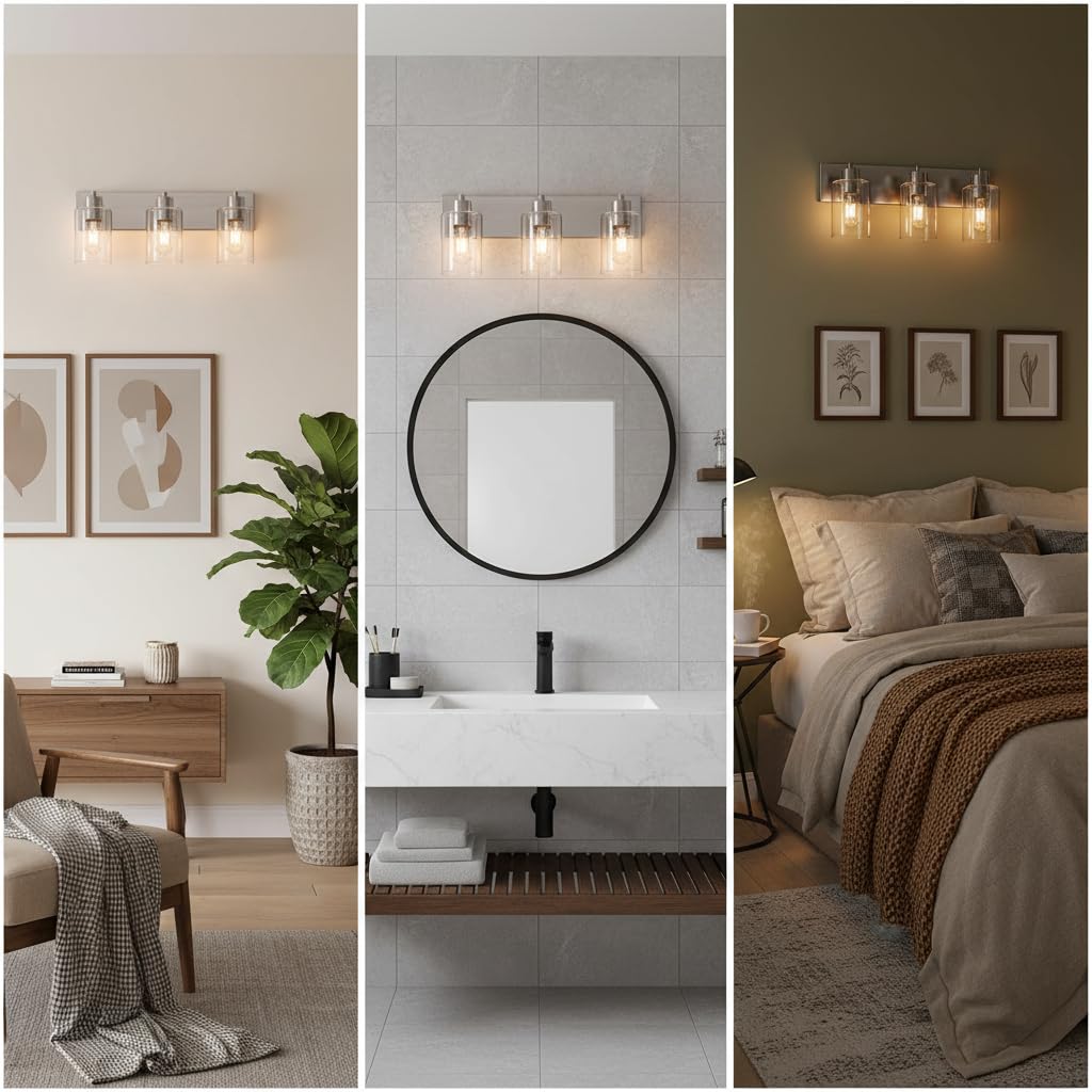 Brushed Nickel Bathroom Vanity Lights 3-Light, Clear Glass Shade