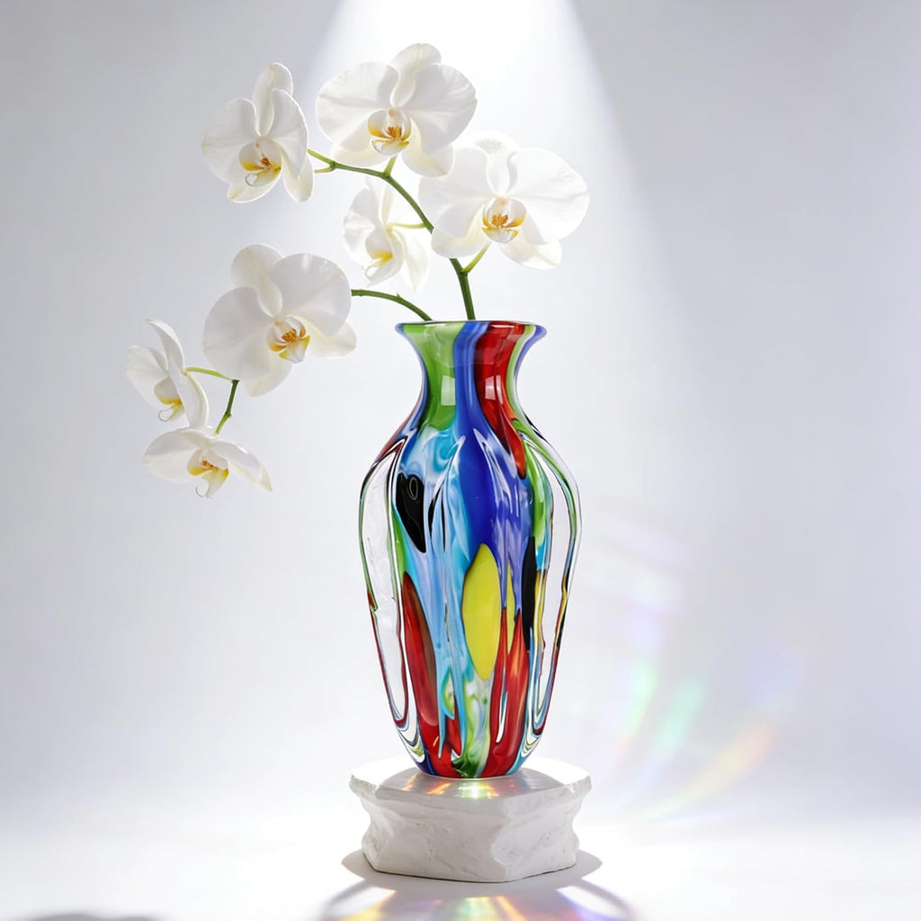 14" H Hand Blown Art Glass Vase, Multicolor Decorative Flower Vase with Wide Mouth Opening, Heavy Artistic Glass