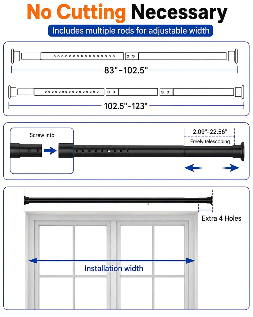 Heavy Duty Tension Curtain Rod for Window, 83-123 In., Secure Lock