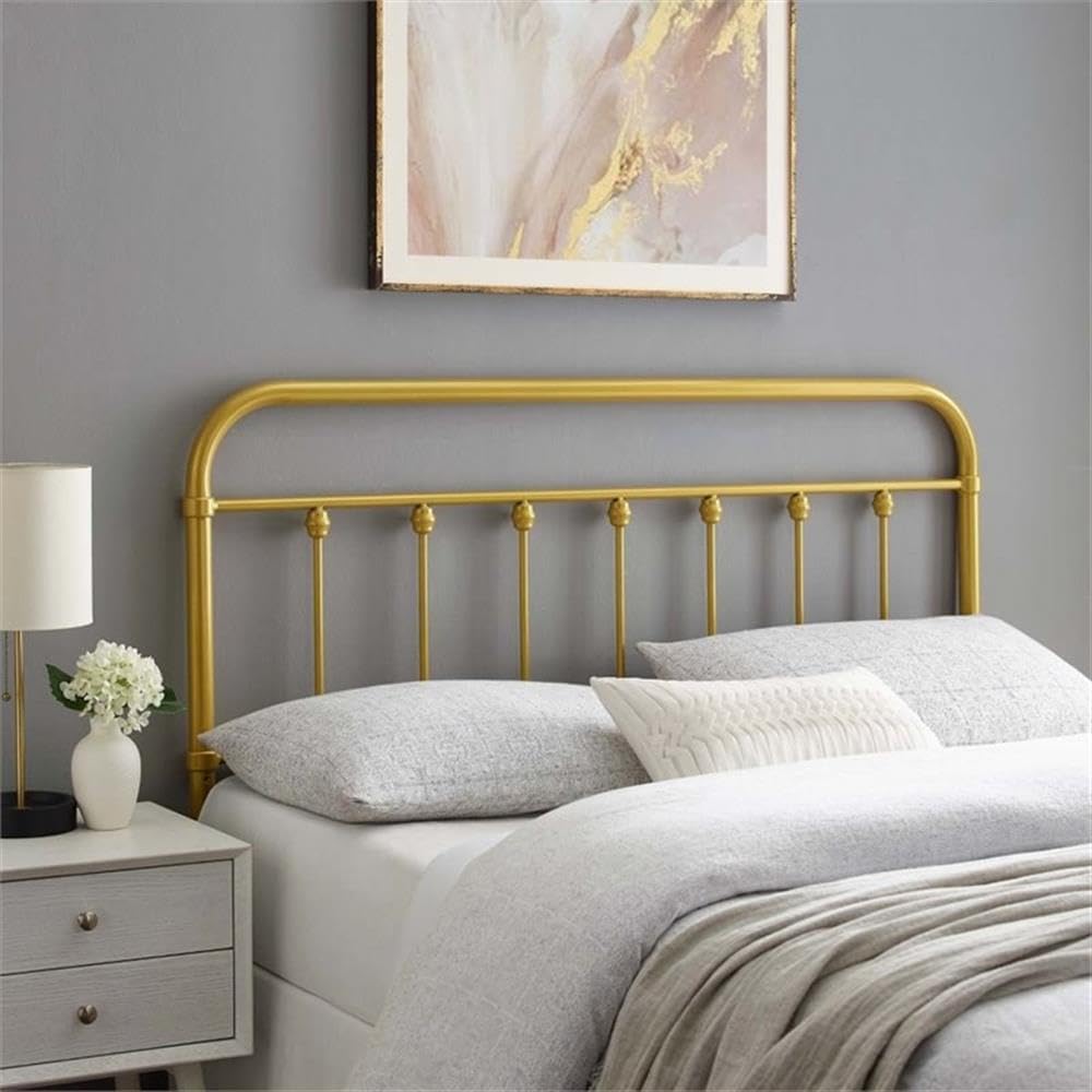 King Metal Headboard with Adjustable Height, Gold Powder-Coated Iron, Modern Farmhouse Design, 7 Mounting Positions