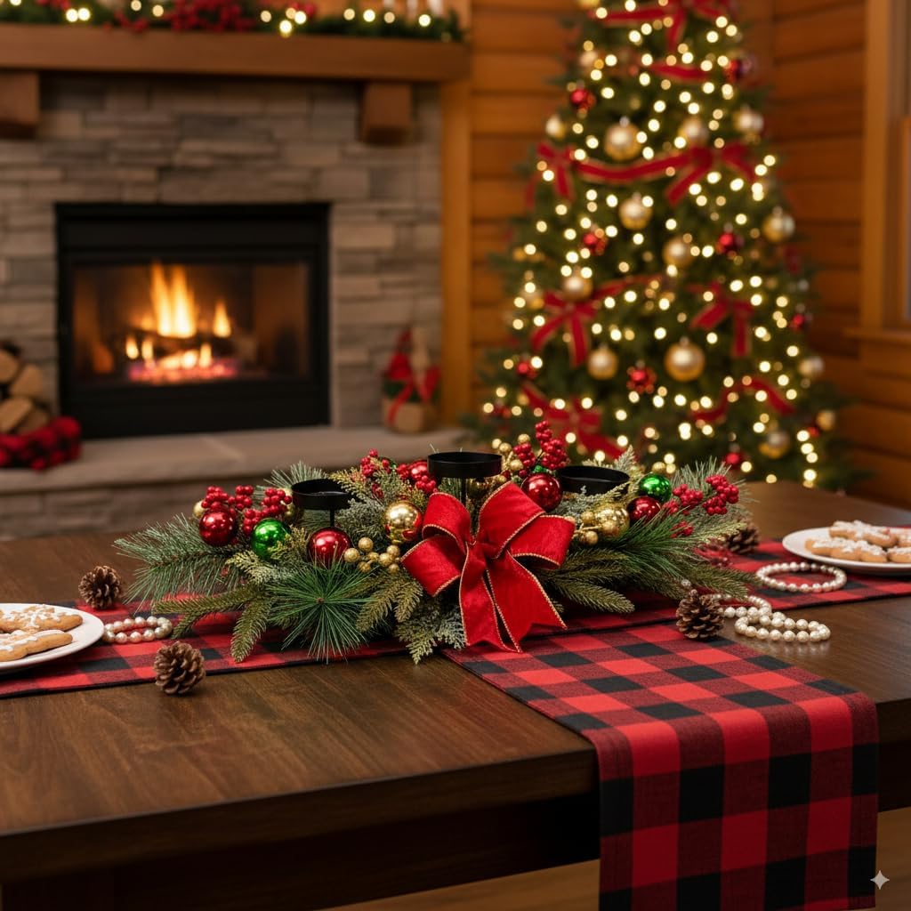 26 Inch Christmas 3 Candle Centerpiece with Red Bow and Ornaments