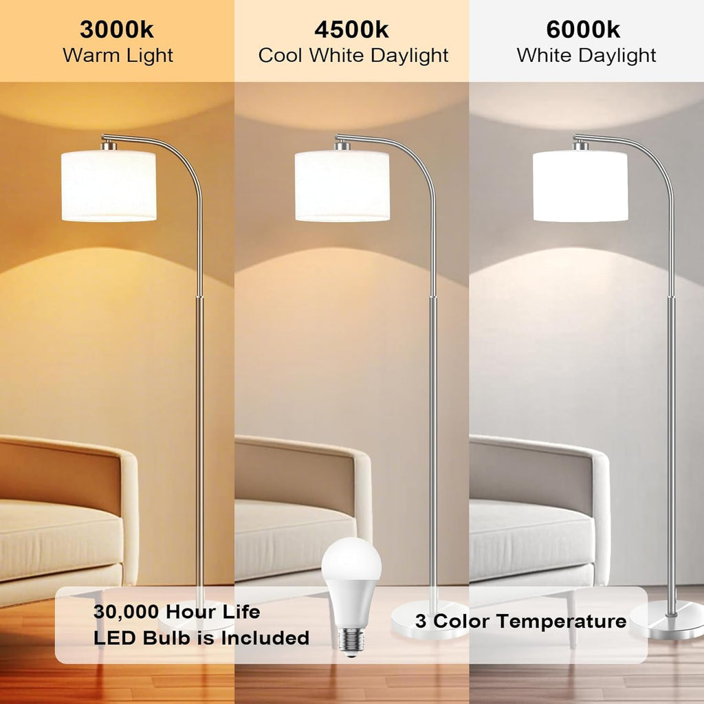 Floor Lamp,Modern Standing Lamps with 9W LED Bulb,65'' Silver Tall Floor Light with Fabric Shade,3 Color