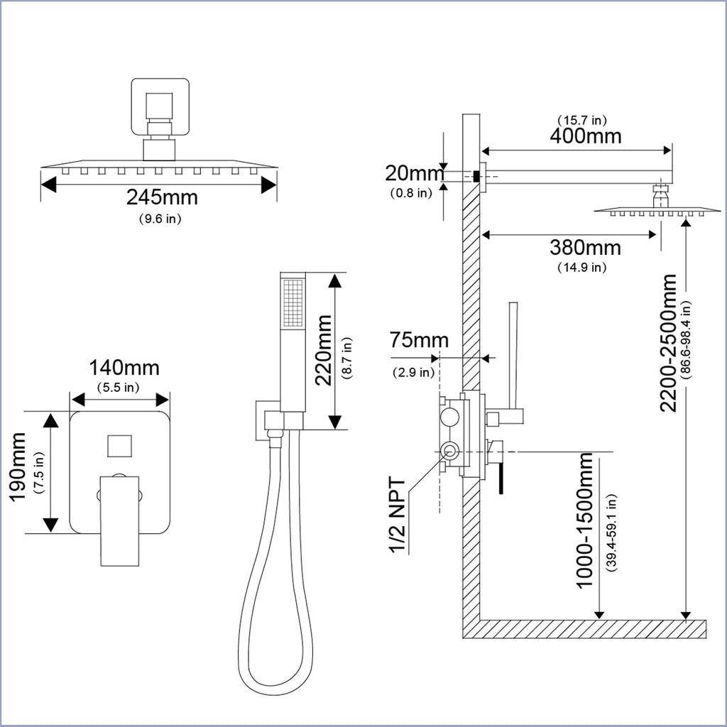 Shower Faucet Set 12 Inch, Polished Chrome Shower System