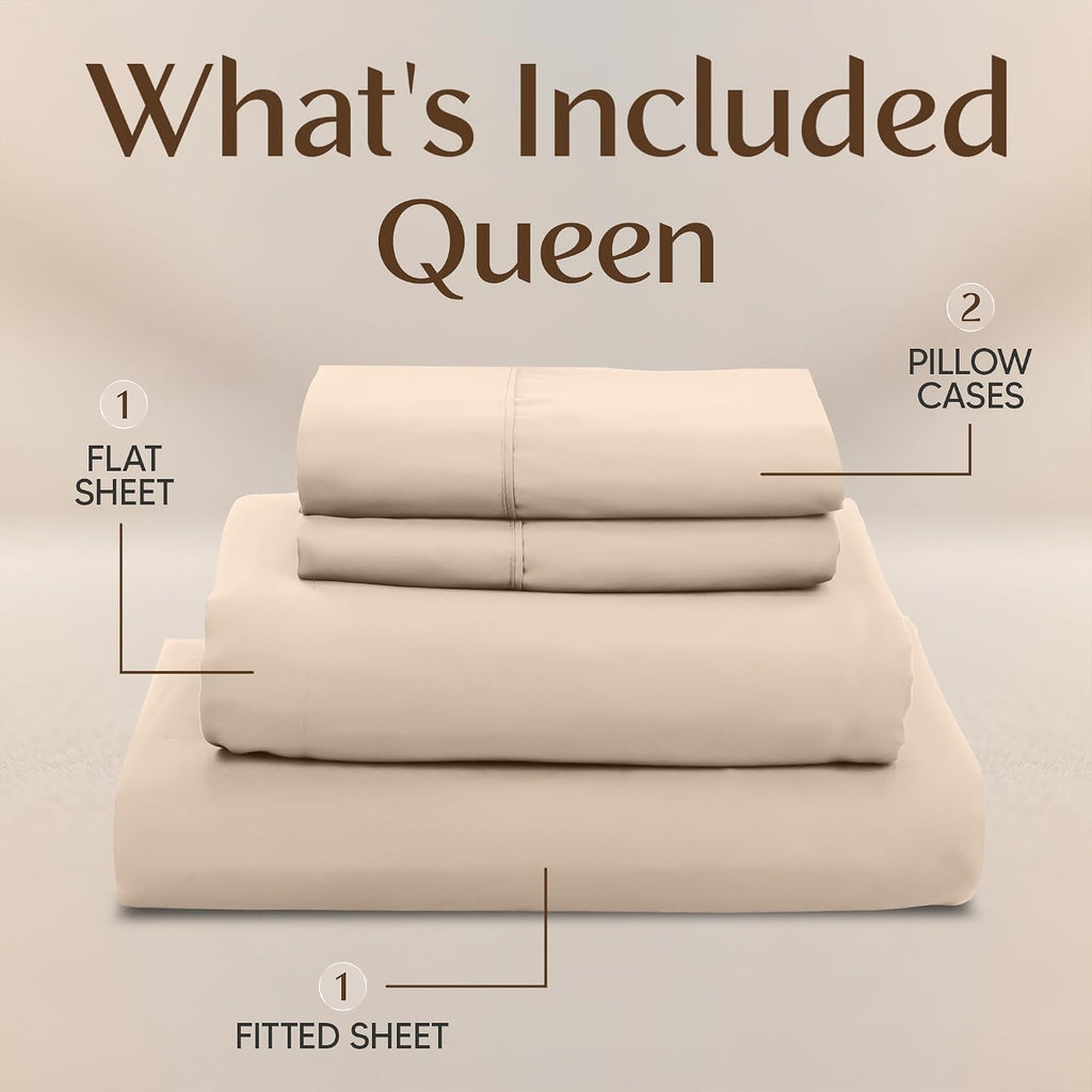 Queen Sheet Set - 4 Piece Bed Sheets, Soft and Breathable Microfiber, Includes 1 Fitted Sheet, 1 Flat Sheet and 2