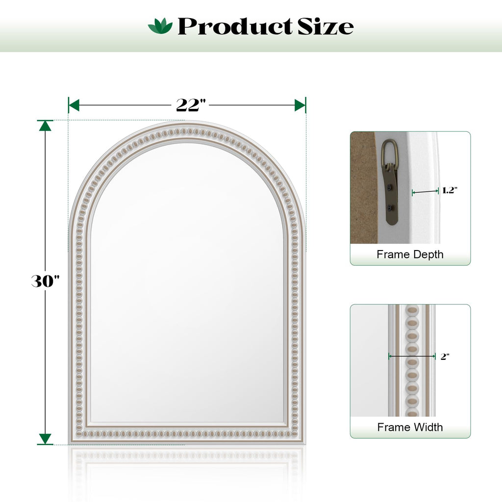 Boho Mirror for Wall, 22" x 30" Farmhouse Arched Rustic Wooden Frame Mirror with Beaded, Arch Decorative Wall Mirrors