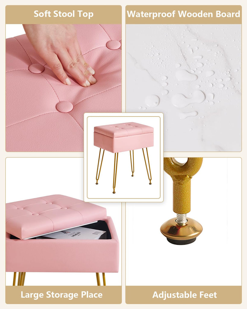 PU Storage Vanity Stool with Flip Tabletop, Ottoman, Pink