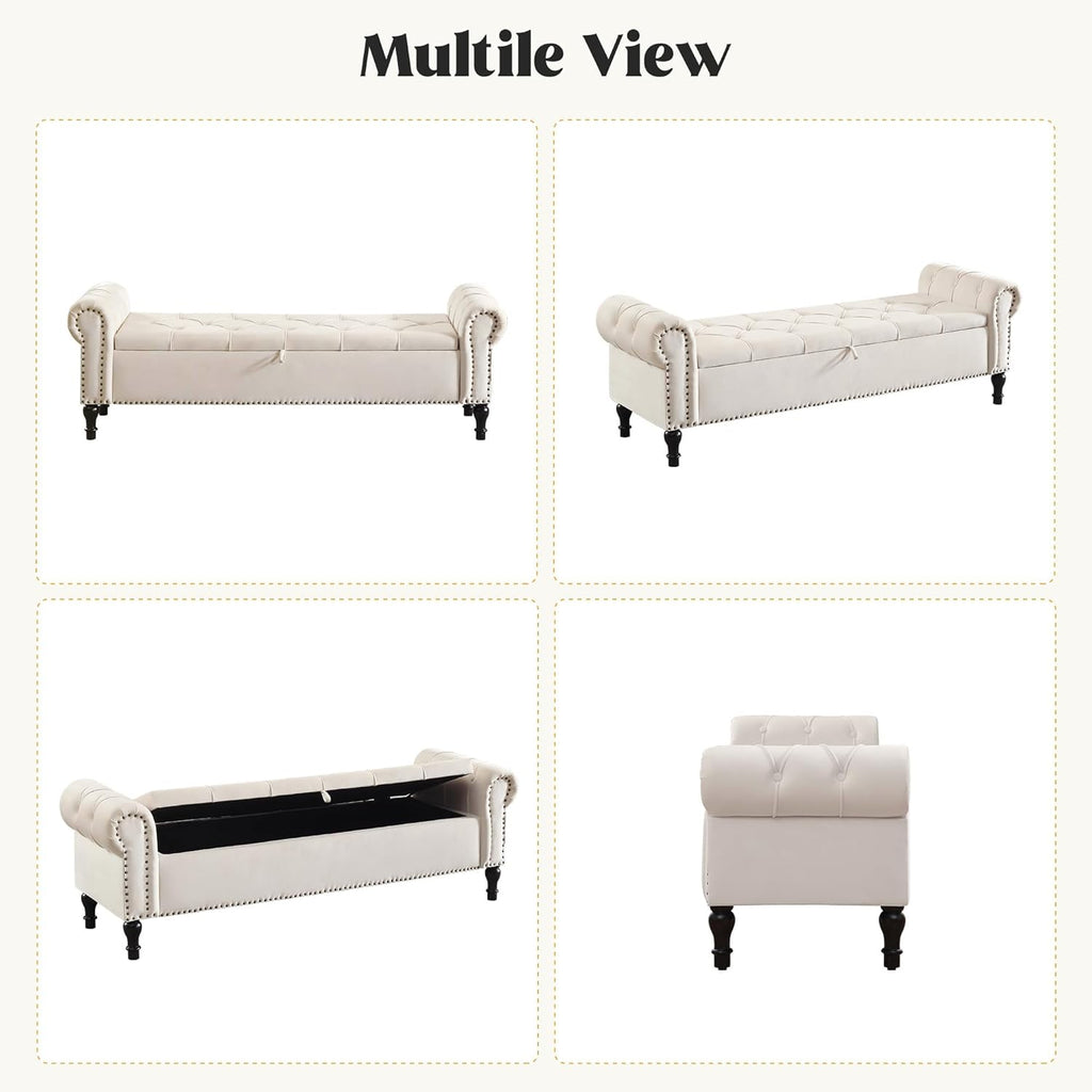 Storage Bed Bench , Velvet 67" End of Bed Benches, King Size Bench with Armrest, Tufted Button Upholstered Ottoman