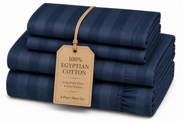 100% Egyptian Cotton 4-pcs King Size Sheet, Sateen, Navy-Blue Damask Stripe